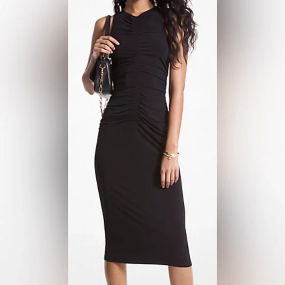 MICHAEL Michael Kors | Dresses | Michael Kors Stretch Matte Jersey Ruched  Black Dress L | Poshmark